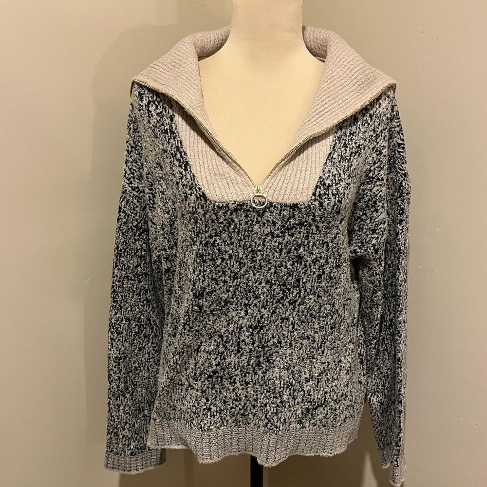 Rachel Zoe Marled Black & Cream Fold-Over Collar 1/4 Zip Sweater, size Large